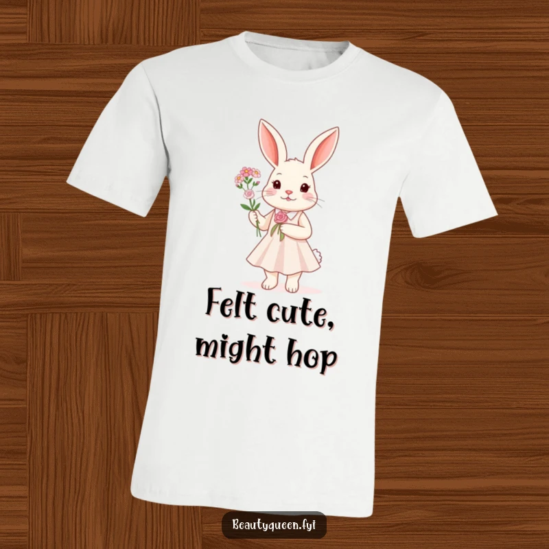 Funny T-Shirt: A rabbit adorned in a sparkly dress proudly presents a miniature flower bouquet, radiating humor and charm.