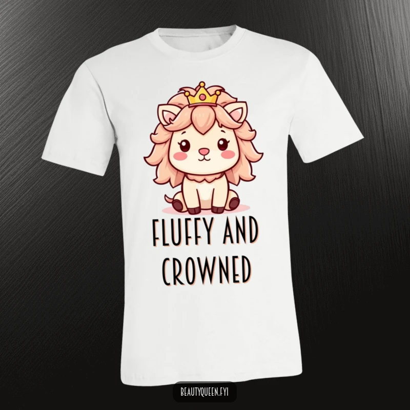 Funny t-shirt depicting a cheerful animal with an impressive fluffy mane and a small, dapper crown.