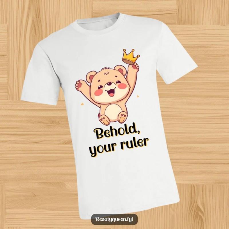 Funny bear cub t-shirt with a smiling cub tossing a crown high in the air, exuding hilarious joy and kingly celebration.