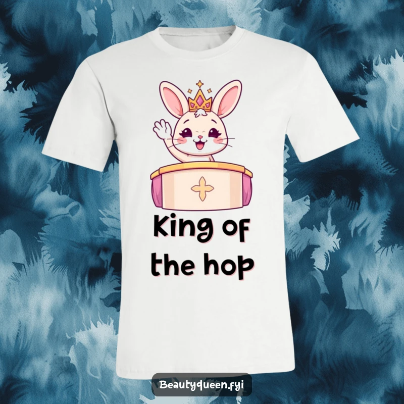 Funny cheerful bunny in a sparkly tiara waves from a winner's podium, printed on a t-shirt.