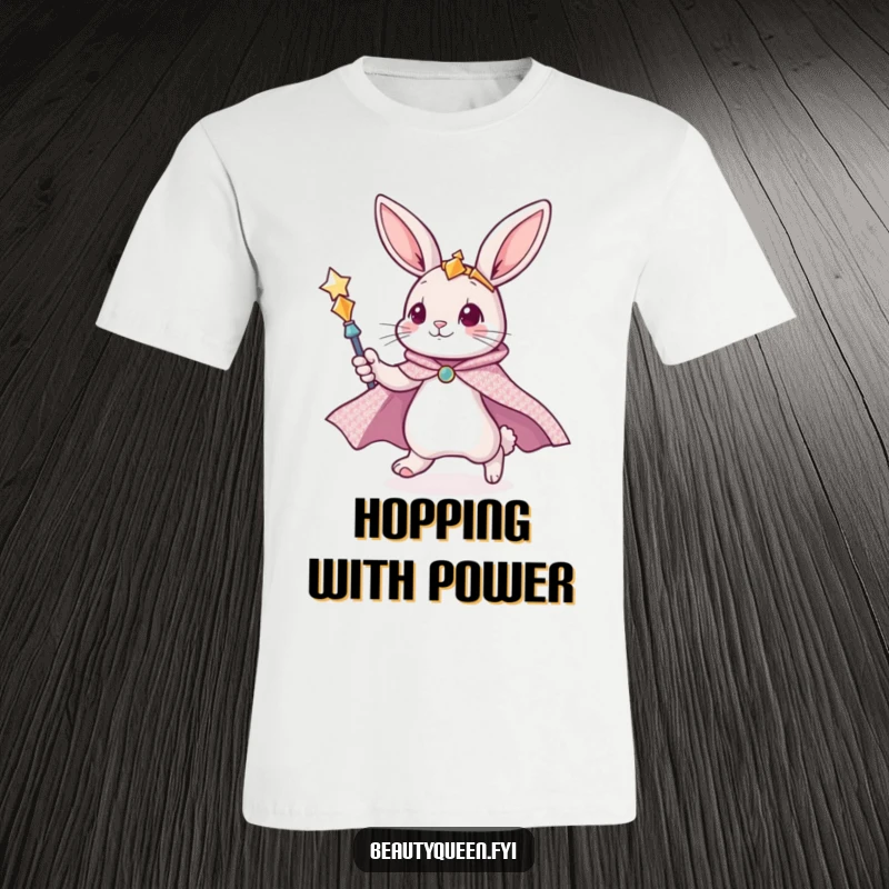 Funny bunny t-shirt showing a cute bunny in a glittering cape, zooming with a scepter, embodying heroic magic.
