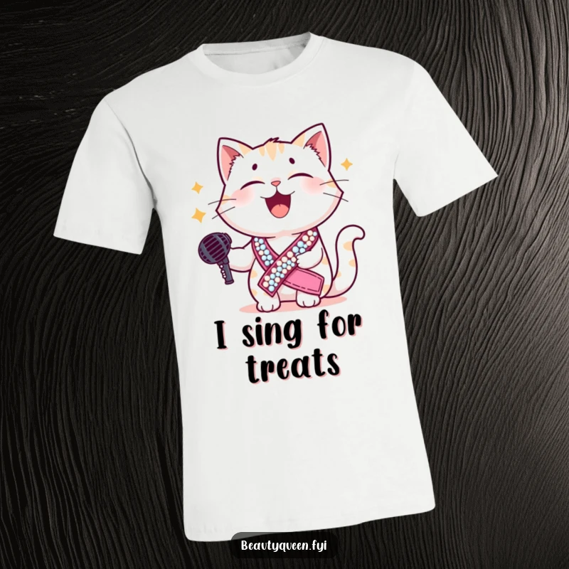 Funny cat t-shirt showing a giggling cat wearing a sequined sash and holding a microphone, exuding hilarious diva energy and stage presence.