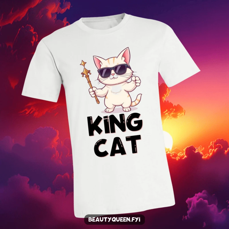 Funny cat t-shirt featuring a cartoon cat in sunglasses, holding a scepter and striking a dramatic, regal pose.
