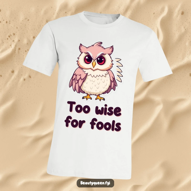 Funny chic owl in a feathered boa, confidently posing on a t-shirt, showcasing high fashion and humor.