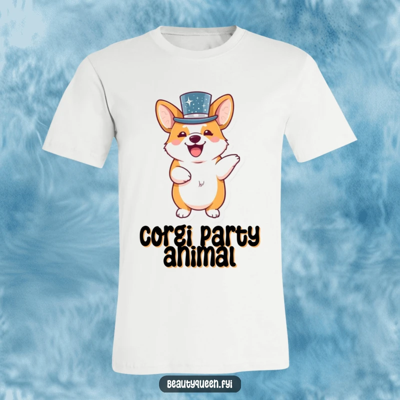 A happy giggling corgi dressed in a shiny sequined top hat, captured mid-dance on a vibrant t-shirt.