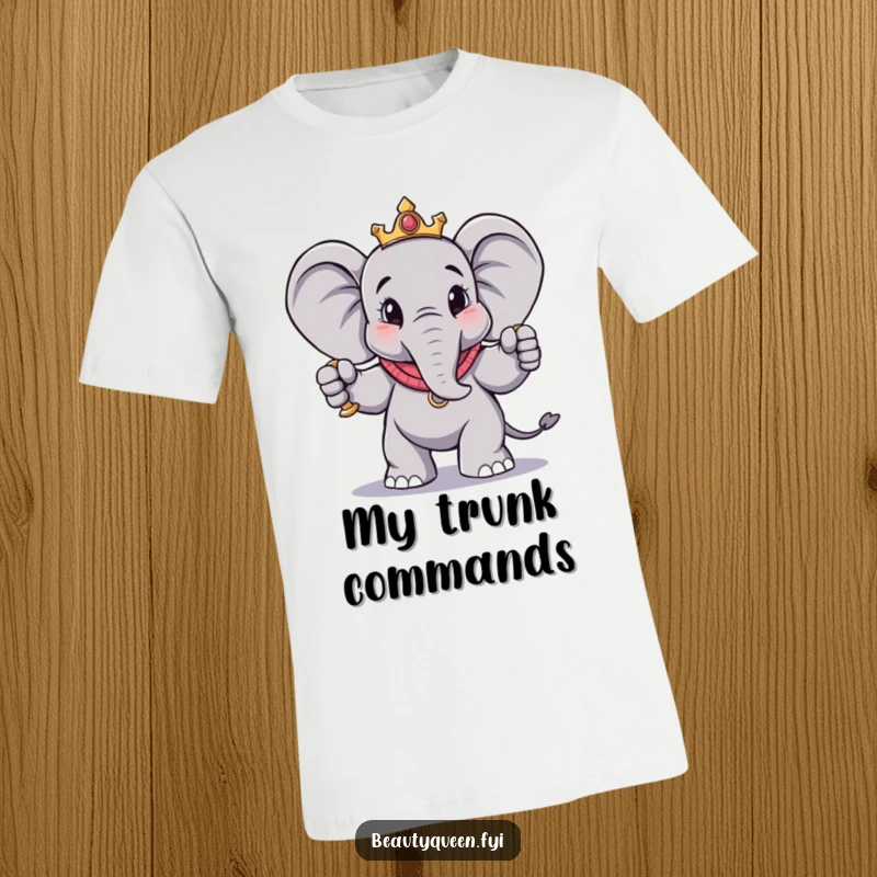 Funny elephant t-shirt featuring a charmingly dramatic elephant posing regally with a scepter, perfect for making a bold, humorous statement.