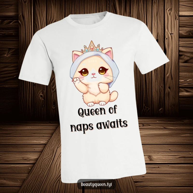 Funny Cat Bride T-Shirt: Fluffy cat adorned in a sparkly crown and veil, adjusting her attire with a paw, exuding regal charm.