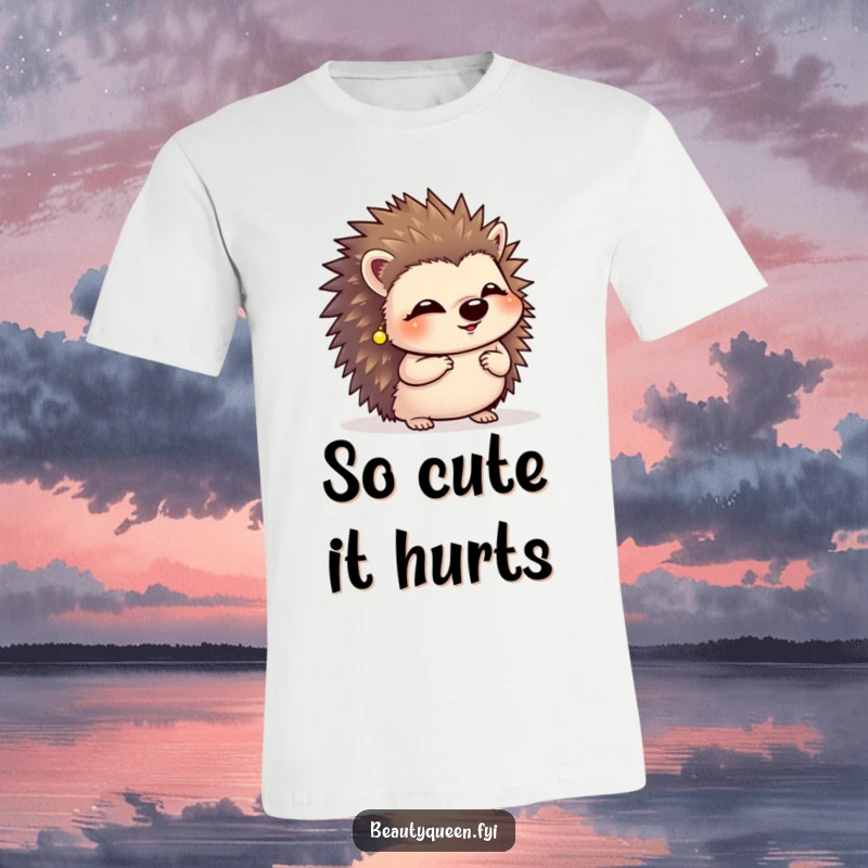 Funny giggling hedgehog in tiny earrings, doing a graceful curtsy on a comfortable and humorous t-shirt.