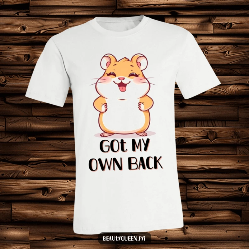 Funny hamster t-shirt featuring a giggling hamster striking a confident pose with paws on hips, showcasing playful self-assurance and charm.