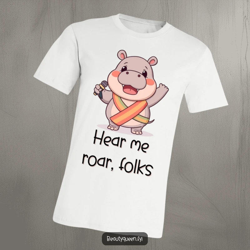 Funny hippo t-shirt showing a gentle hippo in a sash, enthusiastically waving a microphone, ready to sing its heart out.