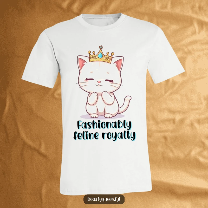 Funny t-shirt showing a kawaii cat with a glittering crown, attempting a charming curtsy.