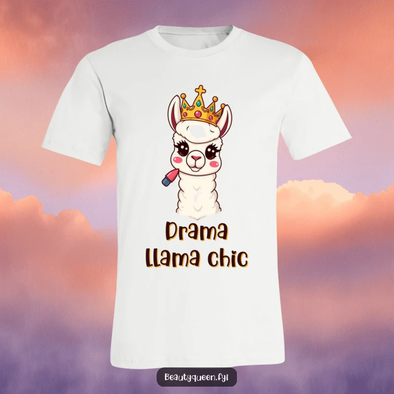 Funny Llama T-Shirt: A playful llama queen, crown askew, poses humorously with lipstick, radiating sassy royal energy.