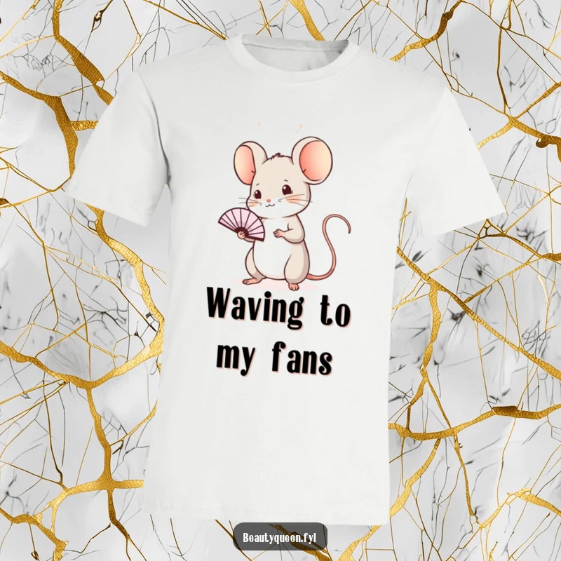 Funny mouse t-shirt featuring a sweet mouse demonstrating a regal wave with a tiny fan, showcasing daintiness and whimsical elegance.