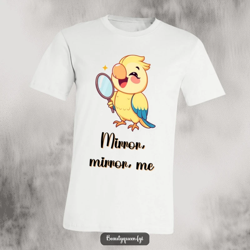 Funny parrot t-shirt featuring a joyful parrot smiling brightly while holding a mirror, celebrating confidence and self-admiration with humor.