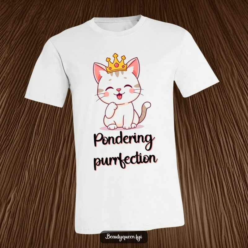 Funny cat sporting a tiny crown, striking a regal pose with a paw on its chin. A humorous and stylish t-shirt design.