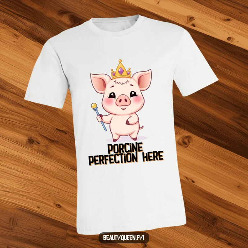 Funny piglet t-shirt showing a smiling piglet with a pastel tiara and scepter, posing elegantly, a regal and humorous tee.