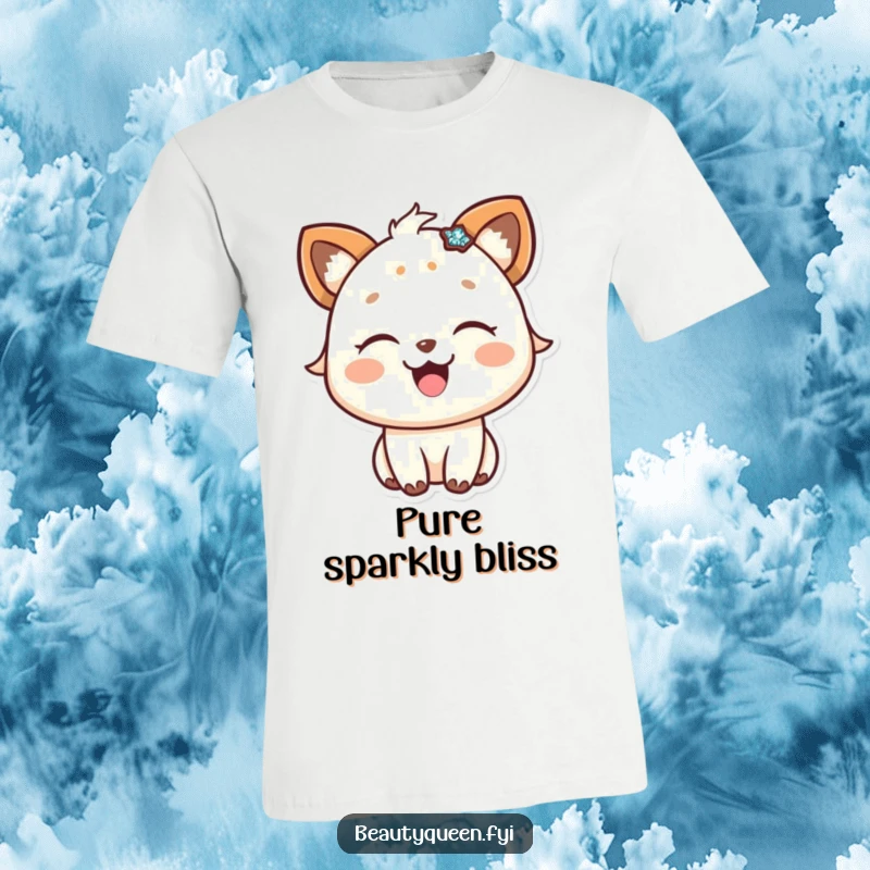 Funny t-shirt depicting a happy animal with eyes closed in delight, adorned with a shimmering, sparkly accessory.