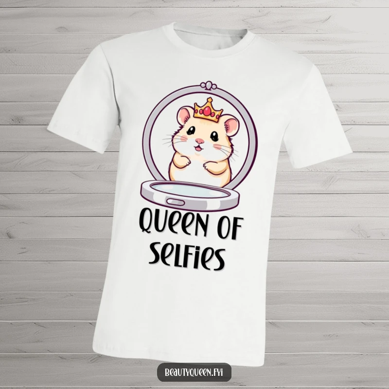 Funny t-shirt showcasing a cute hamster queen with a petite crown, peeking from behind a large compact mirror with a charming expression.
