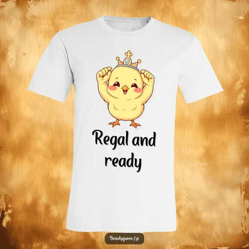 Funny t-shirt with a cheerful chick adjusting a small tiara, beaming with happy, royal energy.
