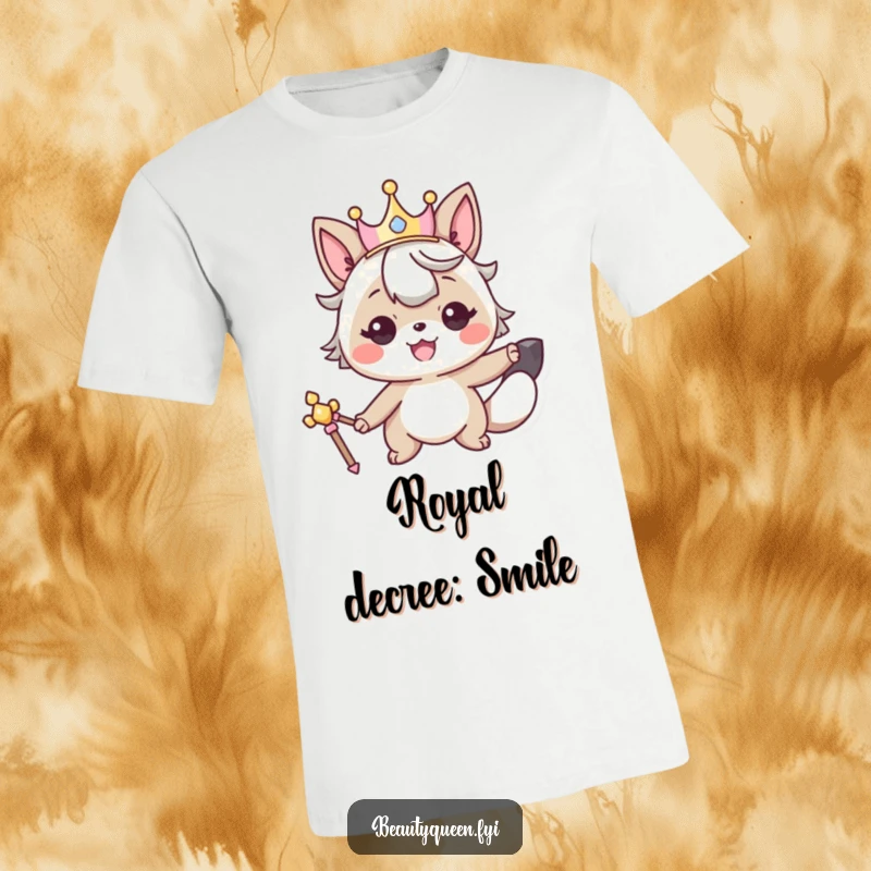 Funny t-shirt featuring a smiling animal character adorned with a crown, striking a pose with a majestic scepter.