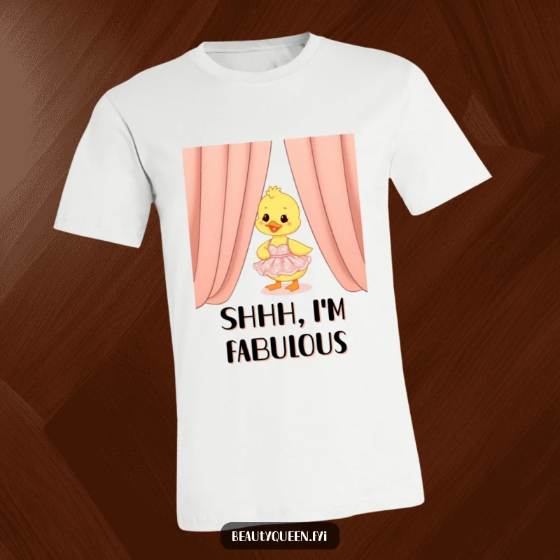 Funny cheerful duckling wearing a shimmering dress, peeking from behind a curtain, cute and funny t-shirt for gift.