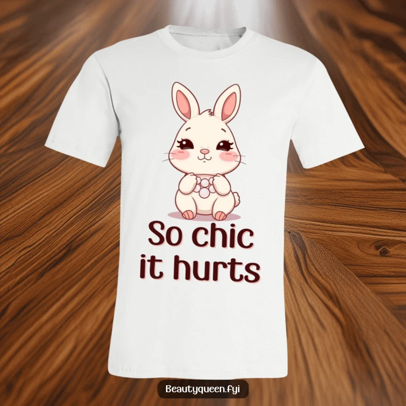 Funny bunny necklace t-shirt, blushing rabbit wiggling nose, adjusting pearls, chic and humorous apparel, a comfortable funny gift.