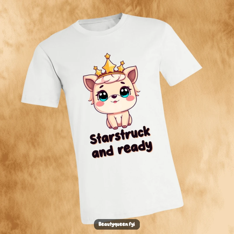 Funny t-shirt with a sweet animal wearing a starry crown, eyes wide open in pure amazement and fascination.