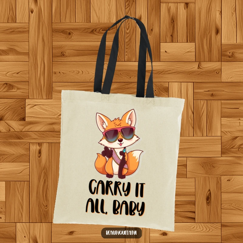 Funny fox sunglasses tote bag, sassy animal carrying essentials, stylish and humorous accessory, a charming and funny gift idea.