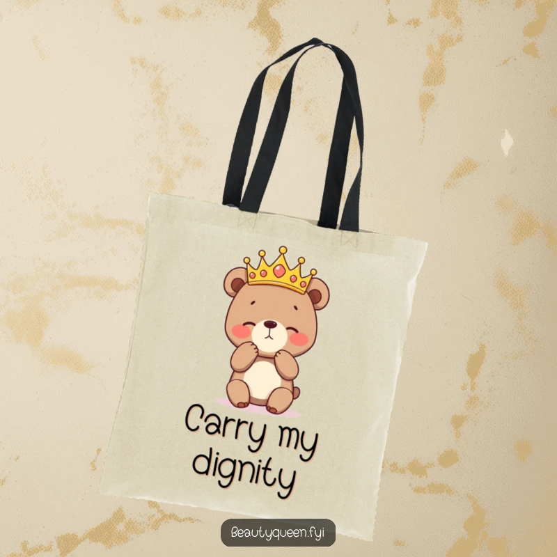 Funny tote bag featuring a shy bear cub in a crown practicing a curtsey, perfect for carrying items while showcasing a love for cute and humorous animals.