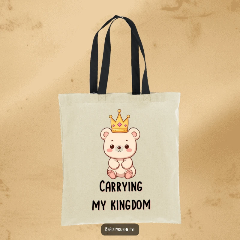 Funny bear tote bag featuring a kawaii bear cub precariously balancing a tiny crown, ideal for carrying groceries or daily essentials.