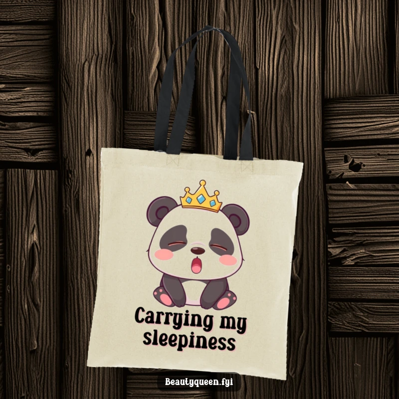 Funny Panda Tote Bag: Durable tote featuring a sleepy panda in a tiara, yawning widely with eyes closed, looking utterly exhausted.