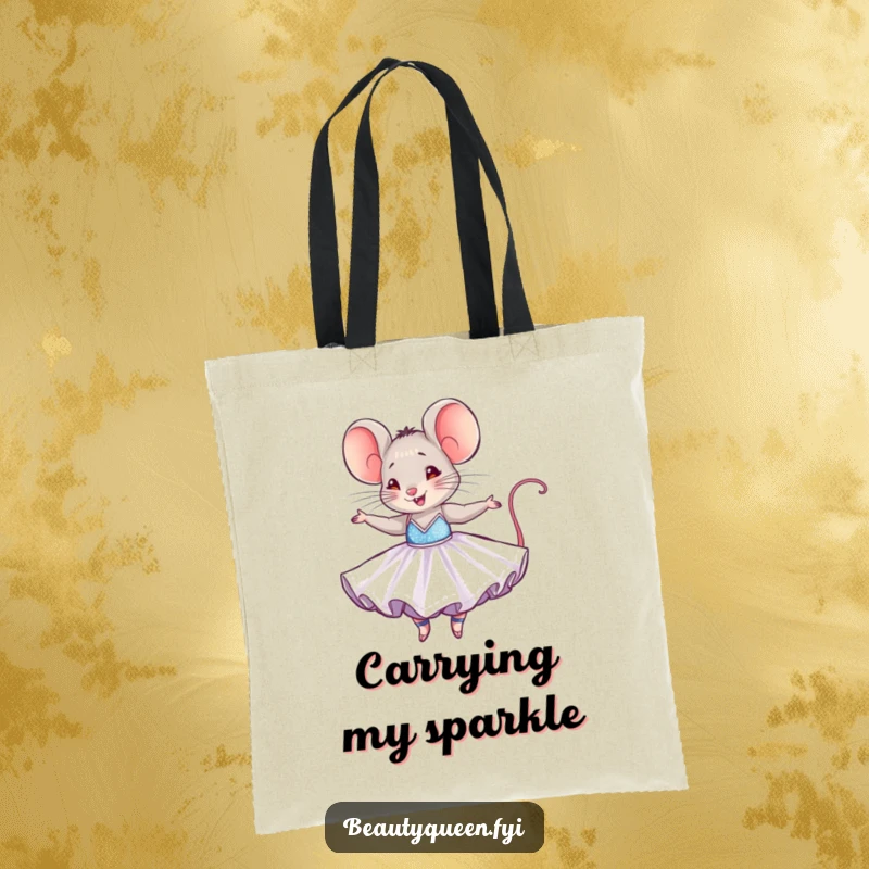 Funny mouse tote bag with a tiny mouse in a dazzling ballgown, joyfully twirling, perfect for carrying essentials with whimsical flair.