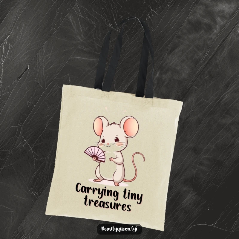 Funny mouse tote bag depicting a sweet mouse practicing a regal wave with a tiny fan, perfect for carrying items with daintiness and style.