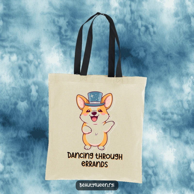 A giggling corgi wearing a sequined top hat, caught in a delightful dance on a sturdy tote bag.