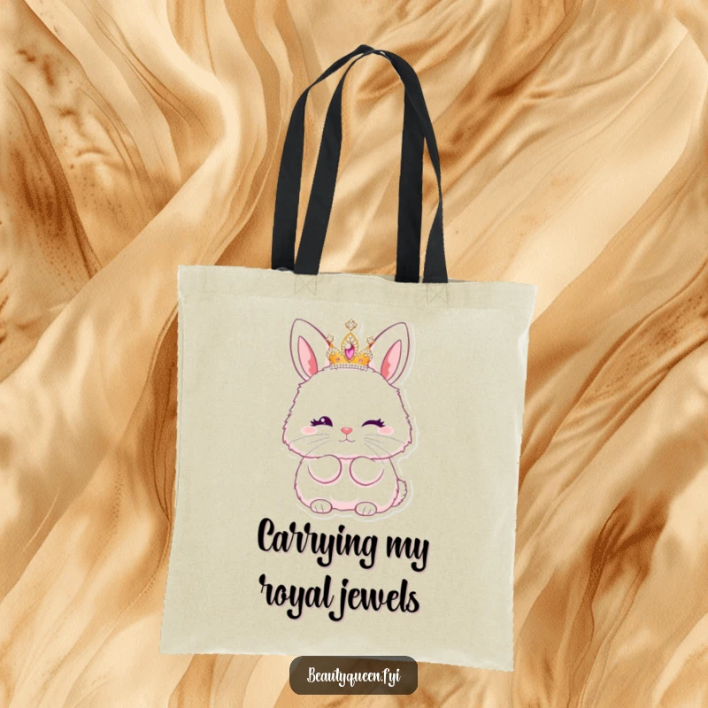 Funny tote bag with a fluffy bunny wearing a tiara, playfully winking and blowing a kiss.