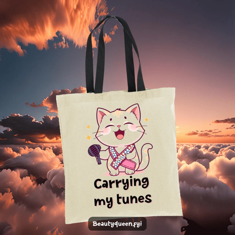 Funny cat tote bag with a giggling cat in a sequined sash holding a microphone, perfect for carrying essentials with hilarious diva style.