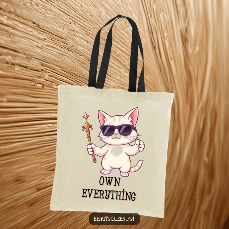 Funny cat tote bag featuring a cartoon cat in sunglasses, holding a scepter and posing dramatically, ideal for stylish carrying.