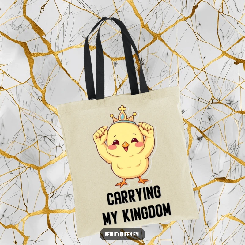 Funny tote bag with a cheerful chick adjusting a miniature tiara, making it a regal and humorous accessory.