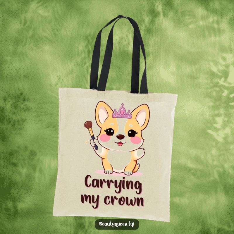 Funny Corgi Tote Bag: A blushing corgi princess with a dazzling tiara holds a small makeup brush, ready for royal errands.