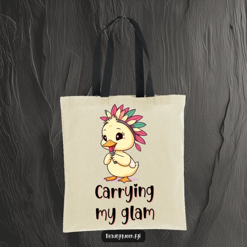 Funny duckling wearing a feathered headdress and holding a lipstick, featured on a stylish and spacious tote bag.