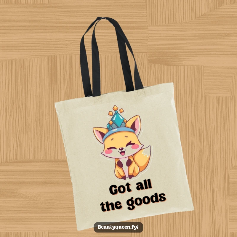Funny happy fox wearing a bejeweled hat and winking, making a stylish and funny tote bag.