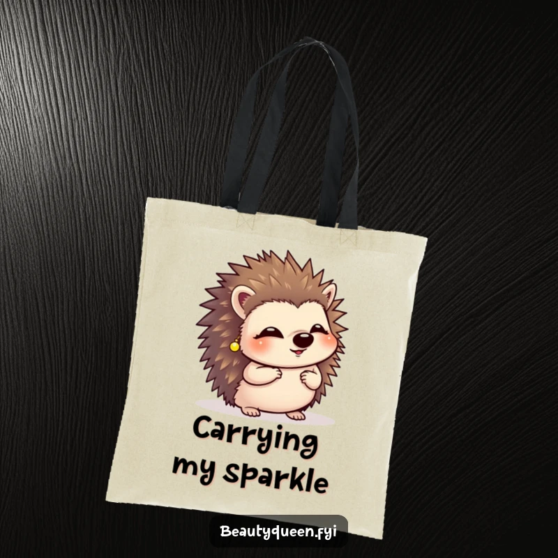 Funny giggling hedgehog in tiny earrings, gracefully curtsying on a durable and stylish tote bag.