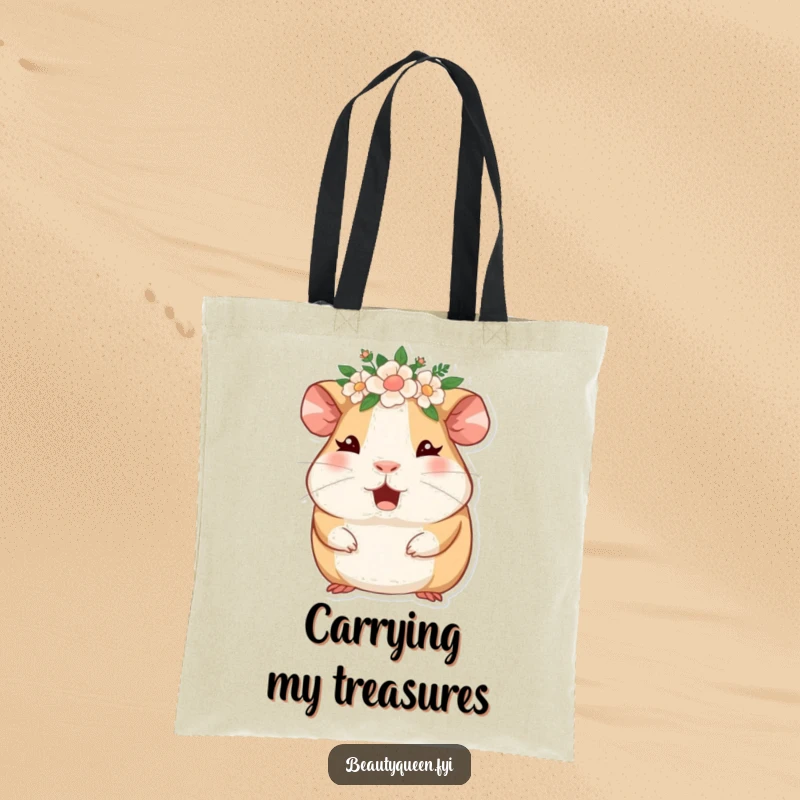 Funny guinea pig with a floral crown, winking enthusiastically, on a practical and humorous tote bag. Adorable and cheerful.