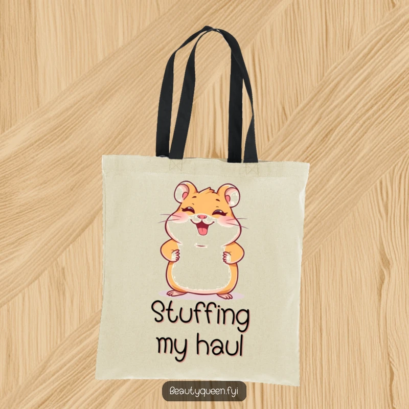 Funny hamster tote bag depicting a giggling hamster striking a confident pose with paws on hips, perfect for carrying items with playful charm.