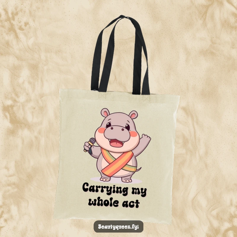 Funny hippo tote bag with a gentle hippo in a sash, enthusiastically waving a microphone, ideal for music lovers on the go.