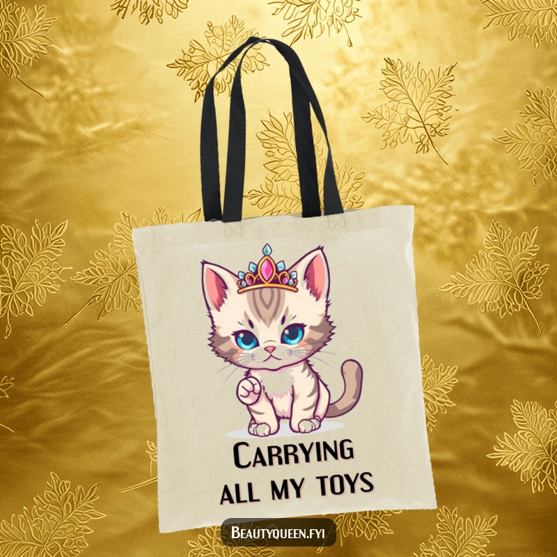 Funny cute kitten with a jeweled tiara strikes a fierce yet adorable runway pose on a tote bag.