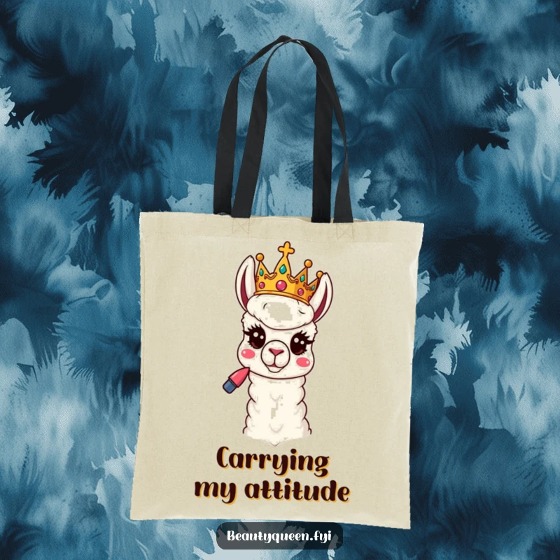 Funny Llama Tote Bag: A playful llama queen with a tilted crown and lipstick poses hilariously, ready for royal errands.