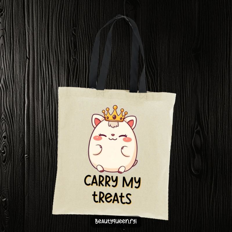 Funny tote bag featuring a chubby animal character with a tiny crown, giving a playful wink, perfect for stylish outings.