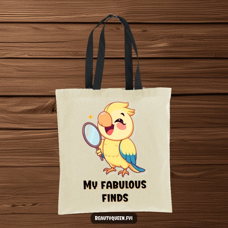 Funny parrot tote bag depicting a joyful parrot smiling brightly while holding a mirror, perfect for carrying items with a touch of avian glamour.