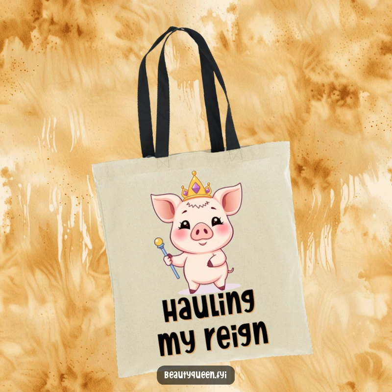 Funny piglet tote bag with an elegant smiling piglet, pastel tiara, and scepter, a stylish and humorous carry-all.